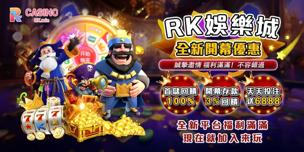RK娛樂城開幕活動宣傳圖，包含魔法師角色與金幣寶箱，主打首儲回饋100%、天天投注送6888、全新平台福利滿滿。