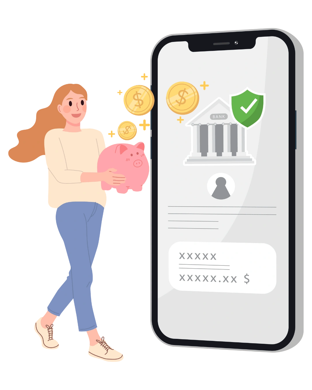 RK娛樂城出入款流程圖，女性角色操作手機轉帳畫面，象徵安全便捷交易。