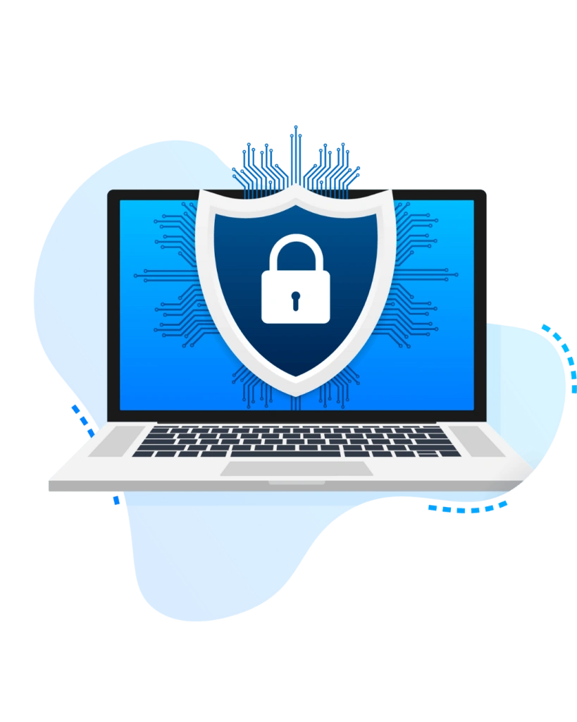 RK娛樂城安全保障圖，筆電與鎖頭圖示象徵玩家隱私與資金安全。